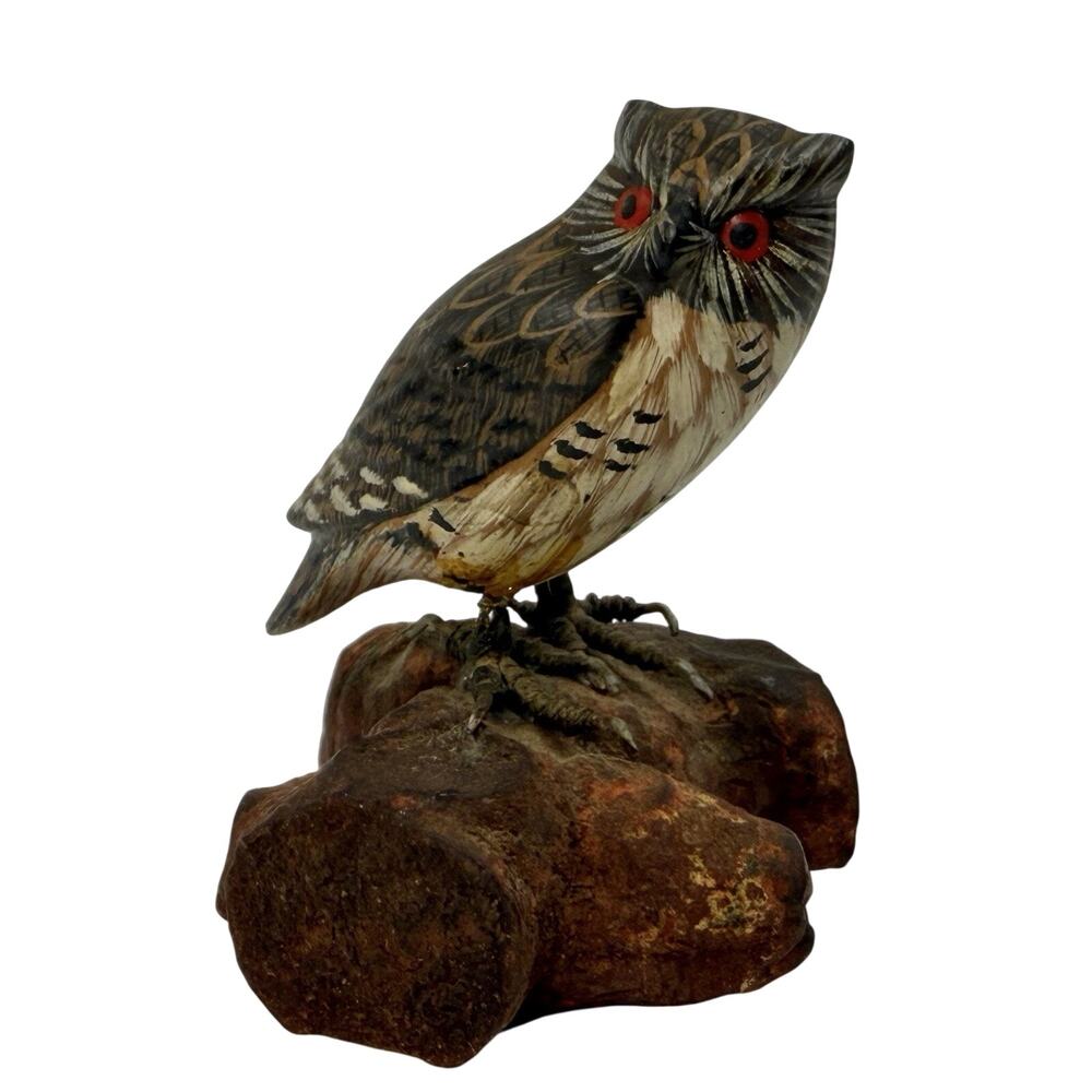 Vintage Hand Carved Wood Painted Owl on Branch Base - Bird Figurine 2.5”
